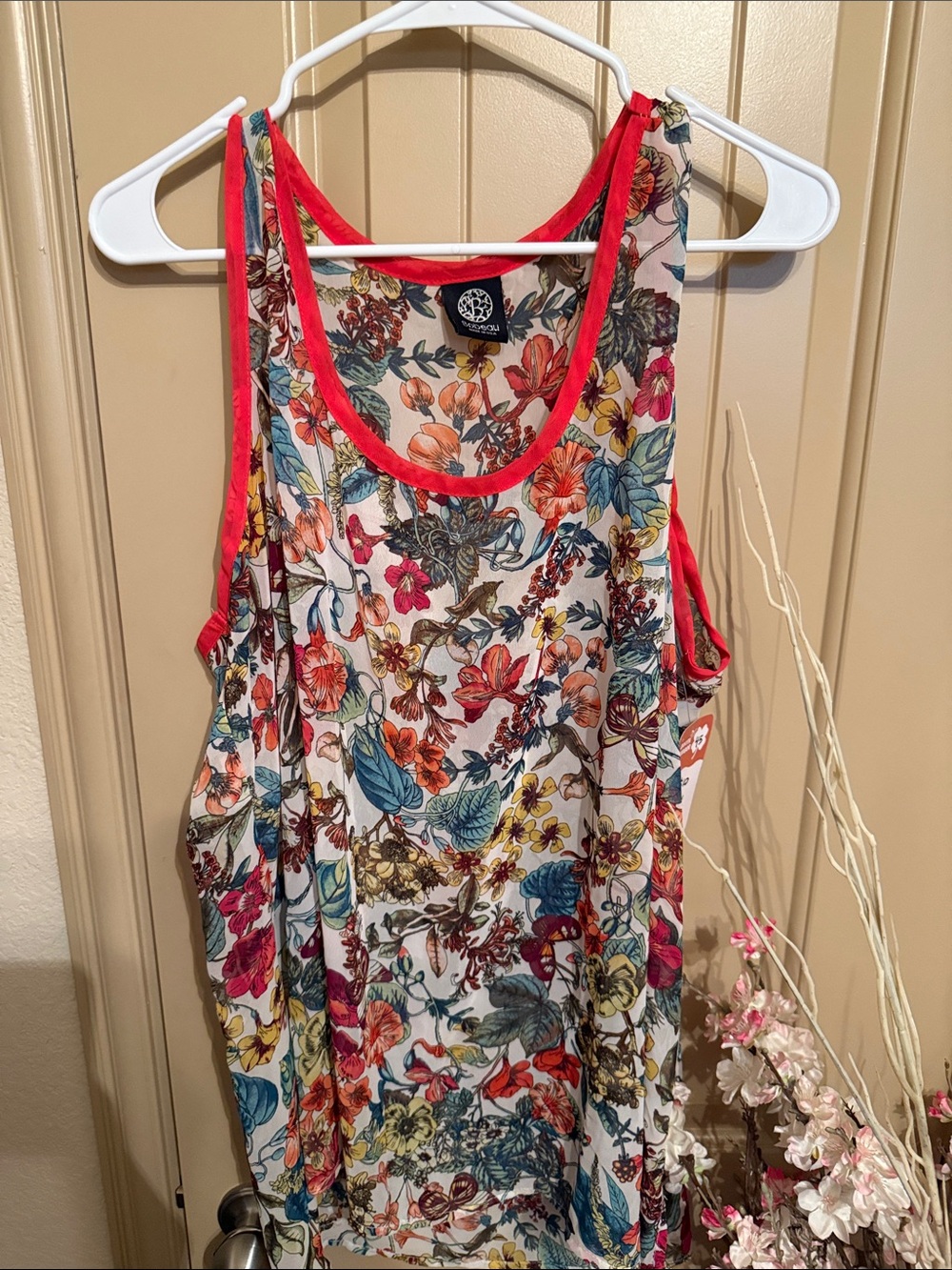 bobeau Floral Scoop Tank with Coral Trim
